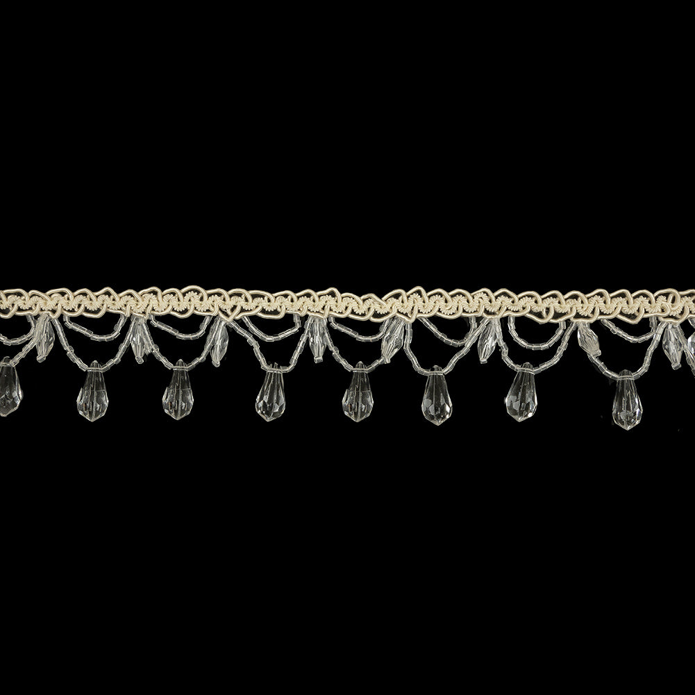 Vintage Crystal Teardrops and Silver Lined Glass Beaded Looped Fringe on Ivory Braid - 1.5