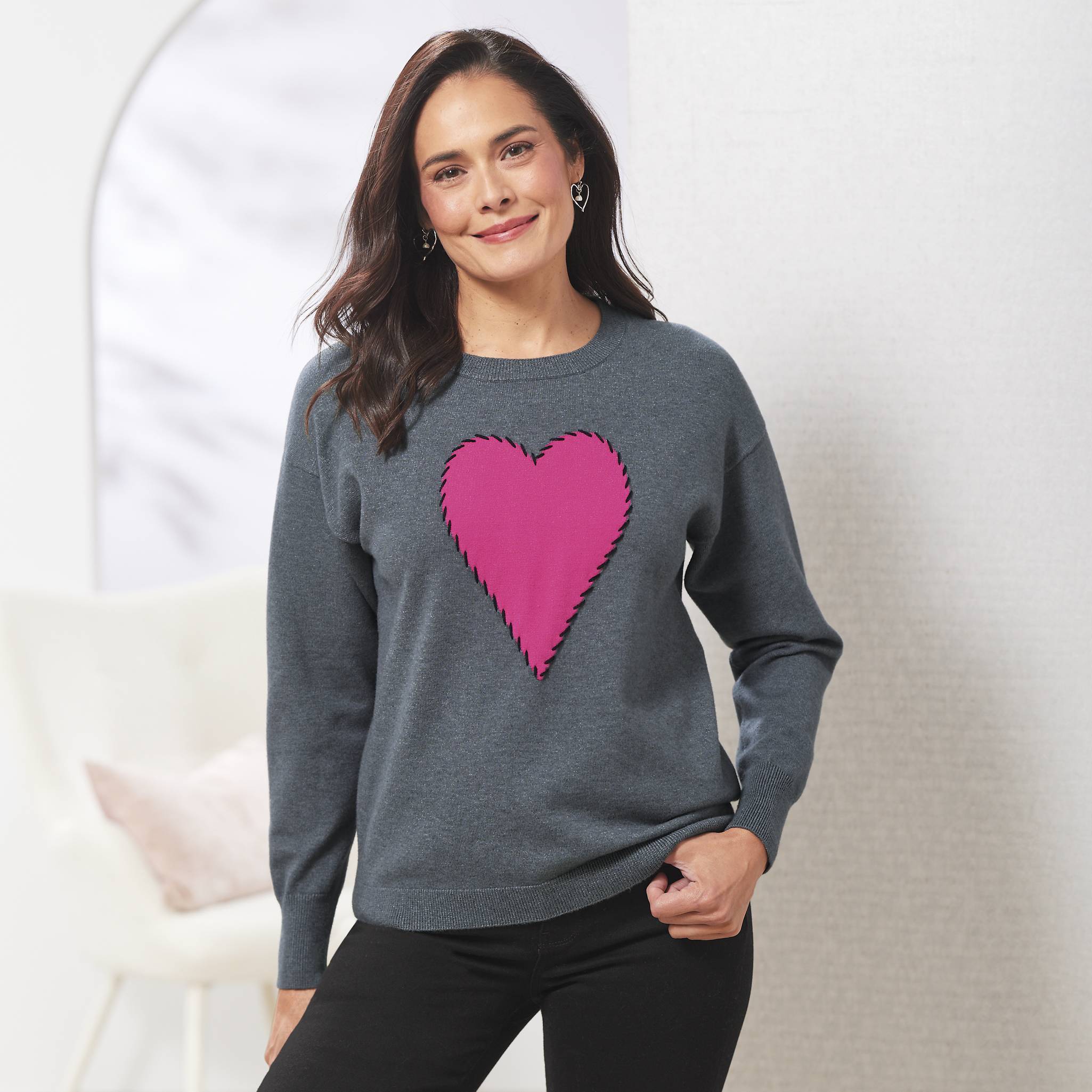Stitched-Heart Fine-Gauge Sweater, Whipstitched Heart Appliqué - Northstyle Catalog