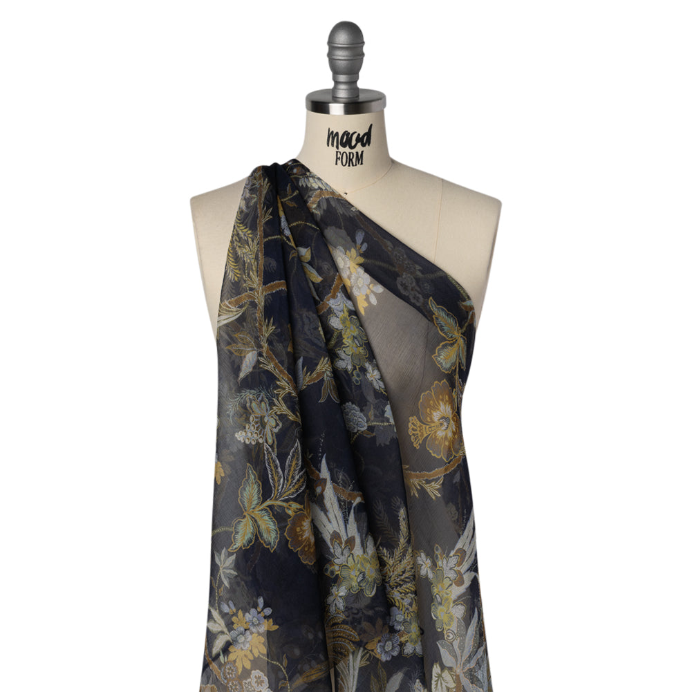 Crinkled Silk Chiffon Print - Navy, Brown and Yellow Classical Floral with Birds - Deadstock - Joann Fabrics