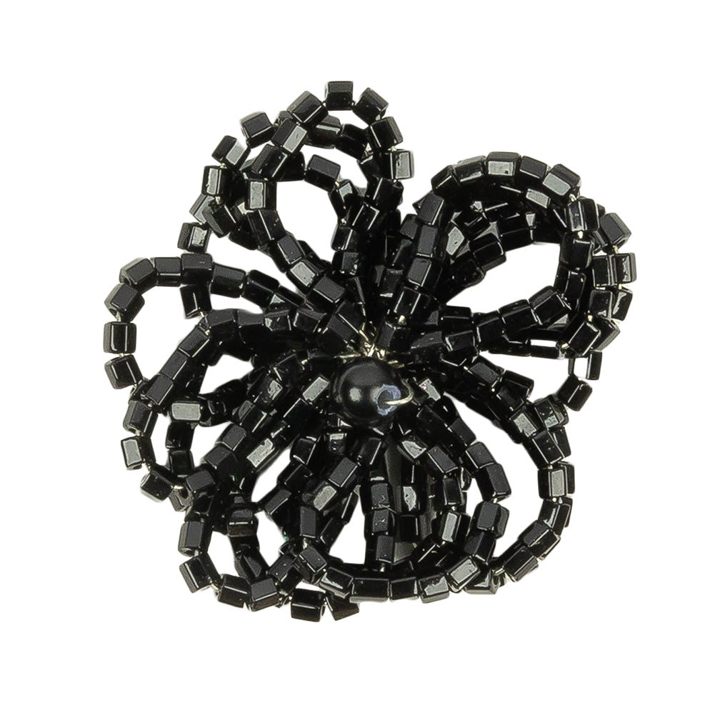 Vintage Jet Black Seed Beaded Flower Decoration with Black Faux Pearl Center - 1.25