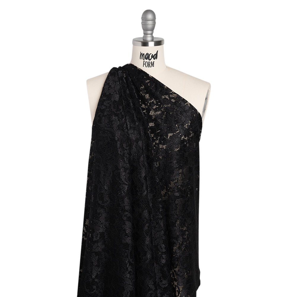 Stretch Raschel Lace with Finished Scalloped Edges - Black Flowers, Leaves and Swirls - Crina Collection - Joann Fabrics