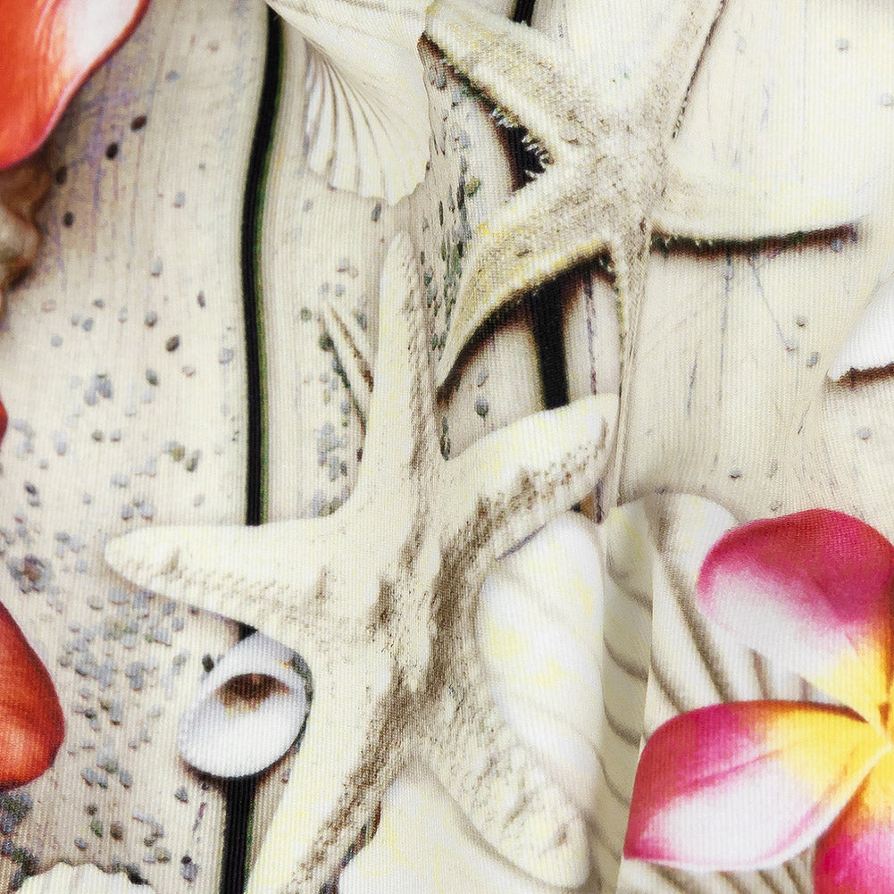 Compression Swimwear Tricot, UV Protective with Aloe Vera Microcapsules - Shells on a Beige Boardwalk - Caye Collection - Joann Fabrics