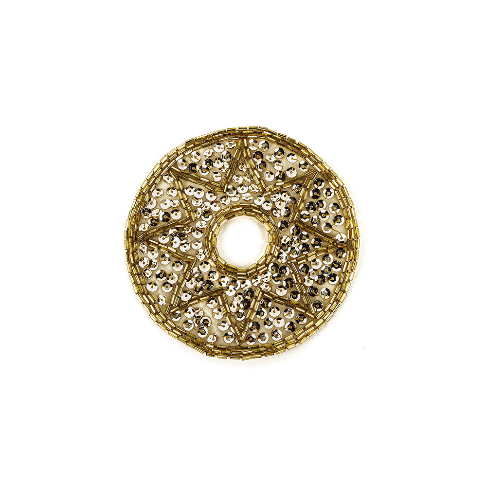 Vintage Gold-lined Bugle Beads and White Gold Sequins Circular Star Applique - 4.375