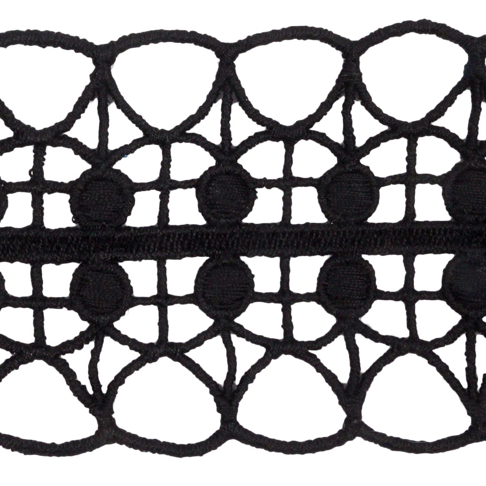 Black Double Edged Circle Grid and Open Scallops Venise Lace Trim - 2.5