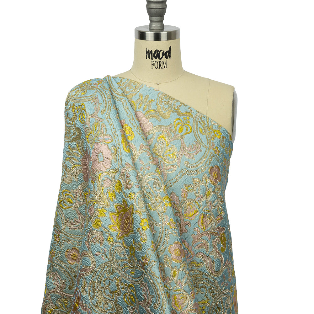 Baby Blue, Light Pink and Yellow Floral Damask Metallic Luxury Brocade - Joann Fabrics