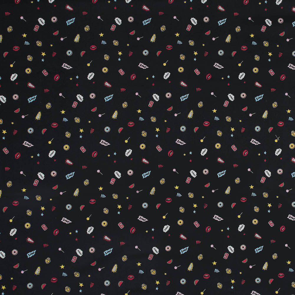 Stretch Cotton Sateen - Black Pop Icons - Black Candy and Combat Print - Mood Exclusive Comic Collection - Joann Fabrics