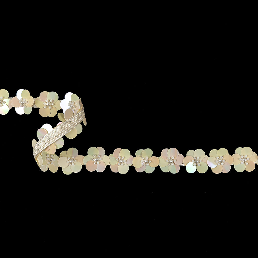 Vintage Eggnog and Iridescent Beige Floral Sequins and Beaded Trim - 0.875