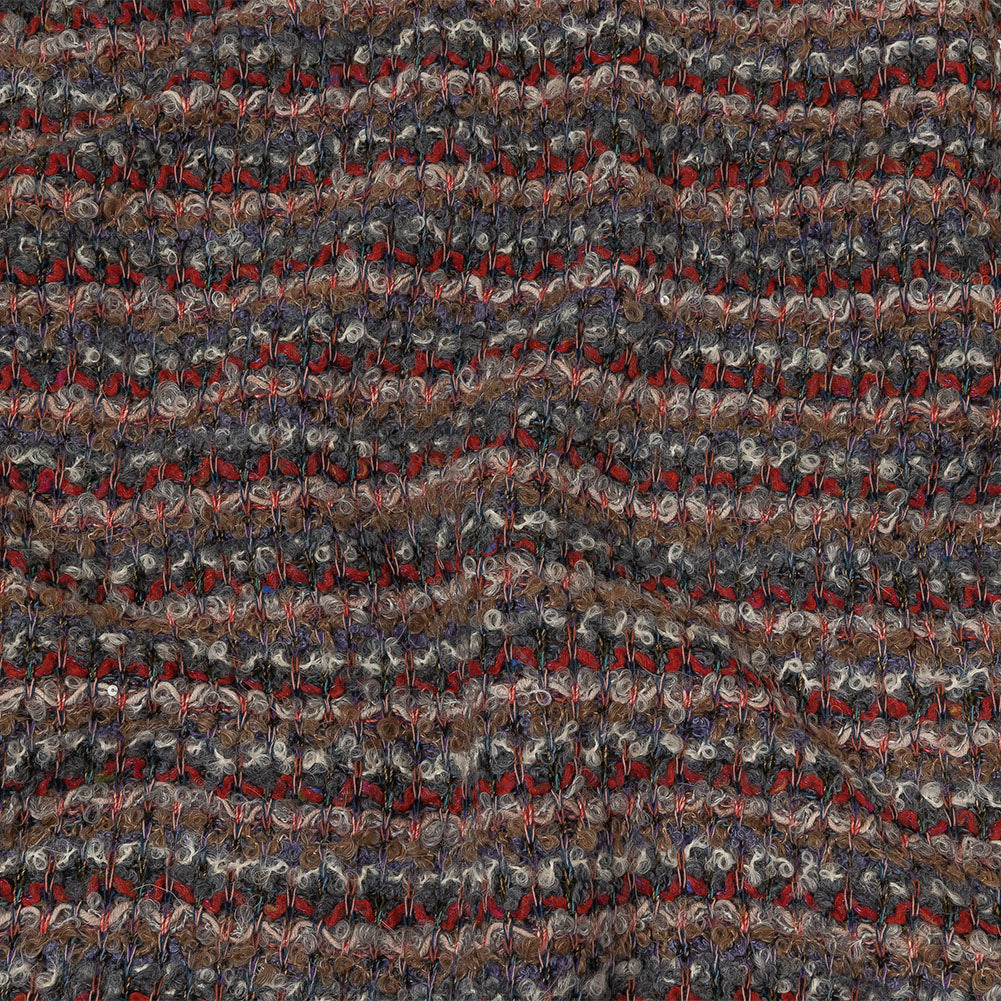 Italian Gray, Beige, and Red Striped Boucle Blended Wool Sweater Knit with Clear Baby Sequins - Joann Fabrics