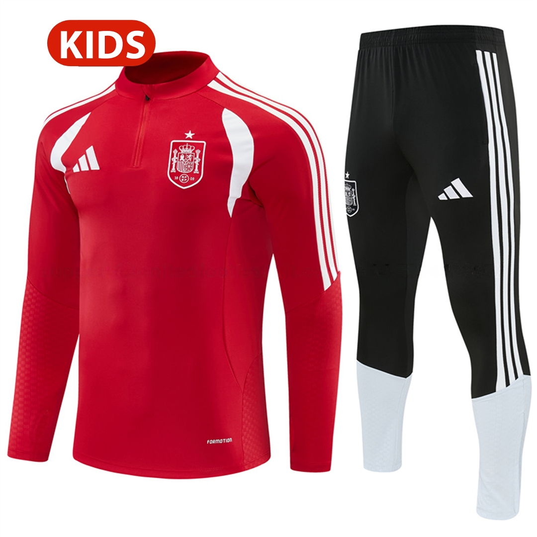 Spain 2026 Kids Long Sleeve Training Set - Red Top & Black Pants - UnitedFutballJersey