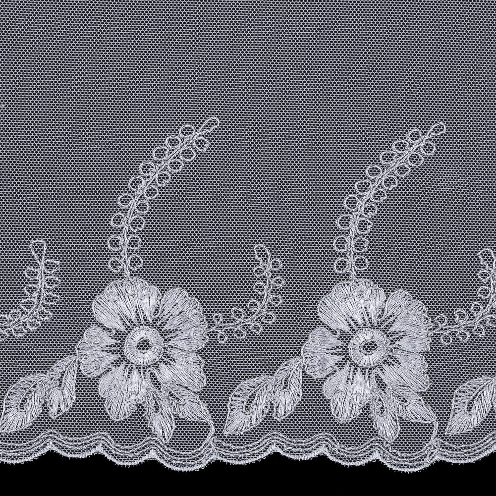 White and Metallic Silver Embroidered Mesh with a Scalloped Edge - 7