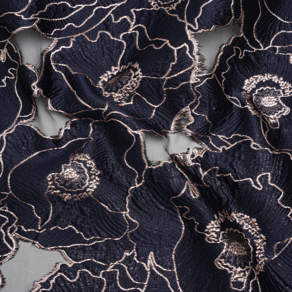 Metallic Burnout Brocade - Navy Blue and Rose Gold All-Over Outlined Flowers - Joann Fabrics