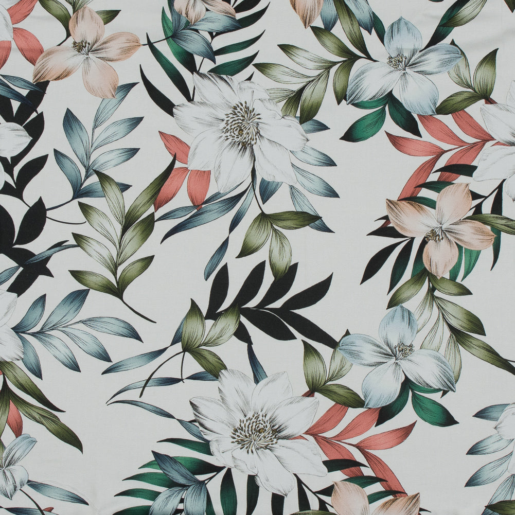 Stretch Cotton Sateen - White and Green Floral - Regality of Renewal Print - Mood Exclusive Key Largo Collection - Joann Fabrics