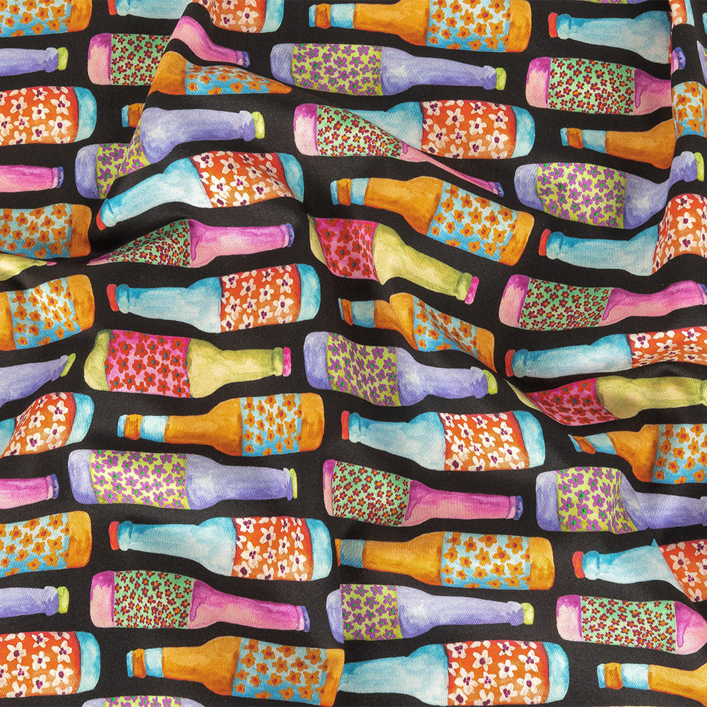 Stretch Cotton Sateen - Rainbow Bottles on Black - Pop Bottle Parade Print - Mood Exclusive Sugar Collection - Joann Fabrics