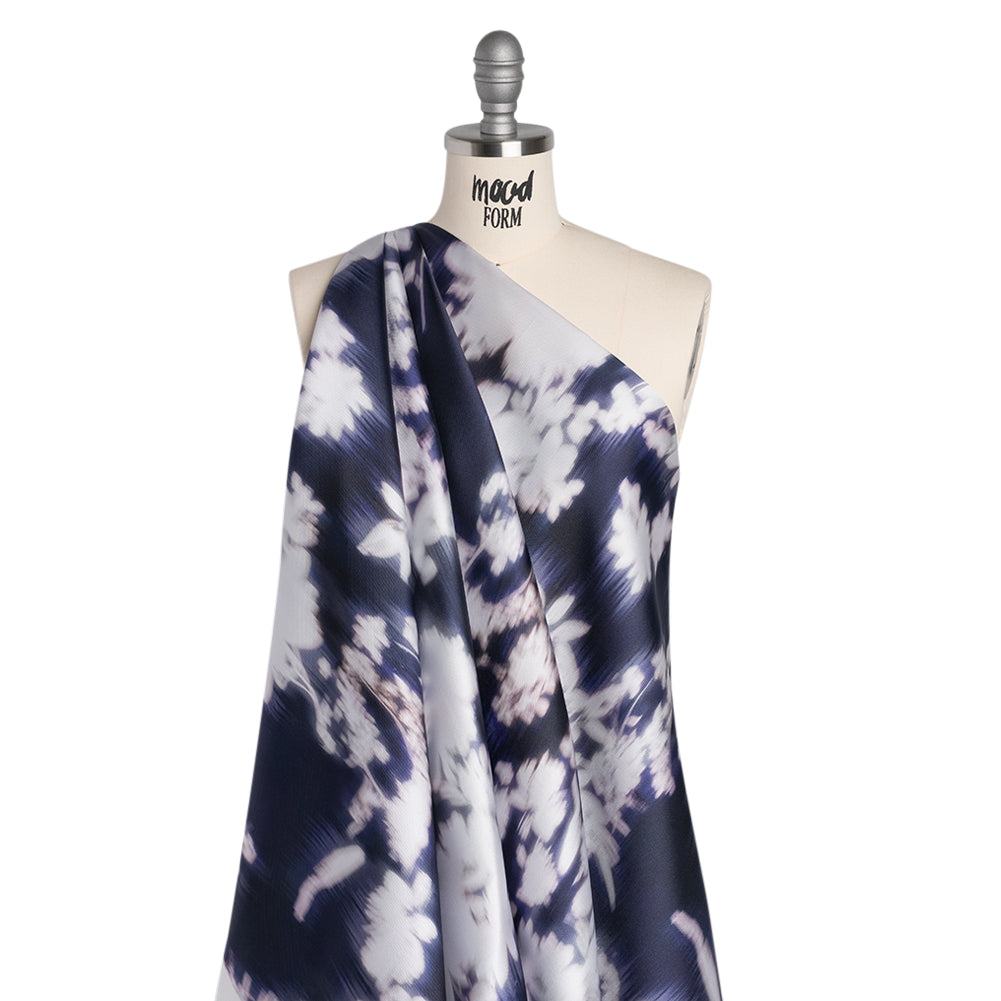Polyester Mikado - Navy and White Ikat Floral Silhouettes - Mood Exclusive Glowscape Garden Print - Joann Fabrics