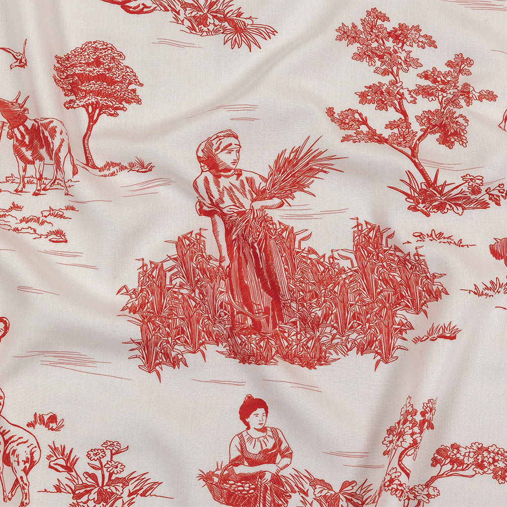 Cherry Tomato and White Classic Toile de Jouy Viscose Batiste - Joann Fabrics