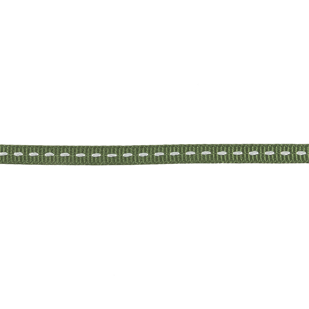 Kale Green Grosgrain Ribbon with Bright White Stitching - 0.25