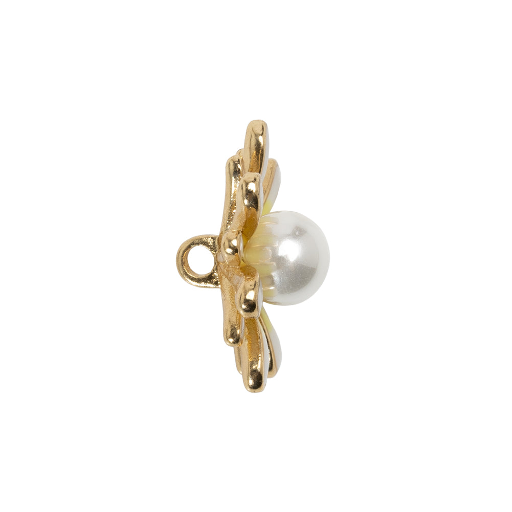 Enameled Metal and Pearl Shank Back Button - 36L/23mm - Yellow, Pearl White, and Gold Flower - Joann Fabrics
