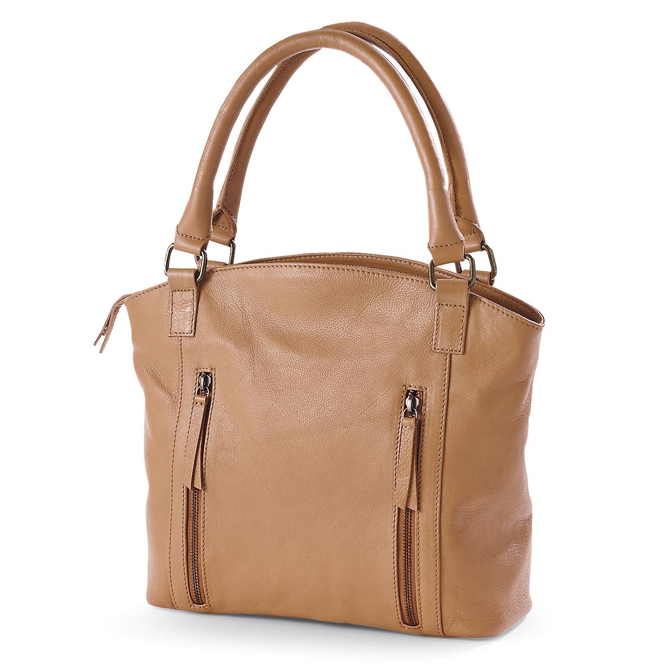 Curved-Top Tan Leather Bag, Front Zip Pockets, Top Zip, Rolled Handles - Northstyle Catalog