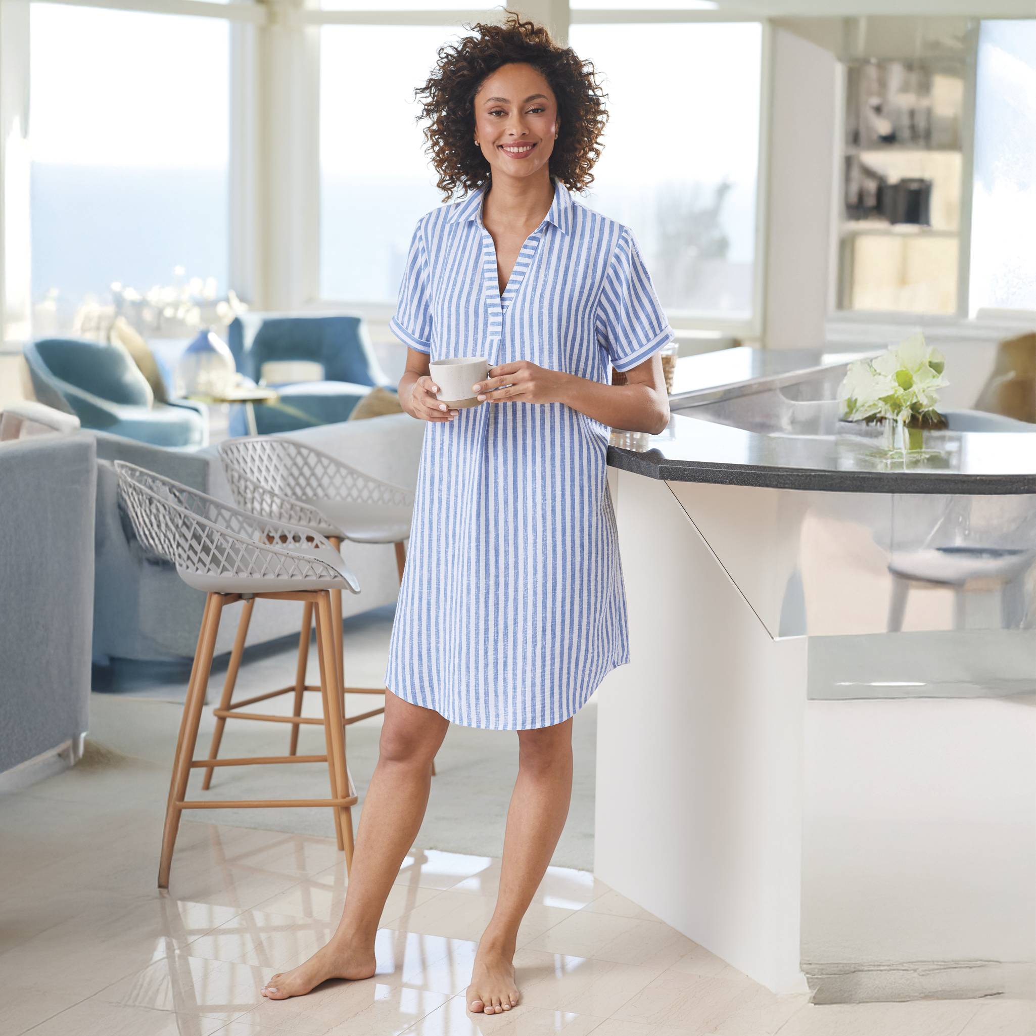 Airy Stripe Textured Nightshirt, Split Neck, Short Sleeves - Northstyle Catalog