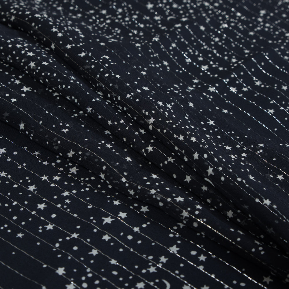 Black and White Star-Filled Silk Chiffon with Metallic Silver Stripes - Joann Fabrics