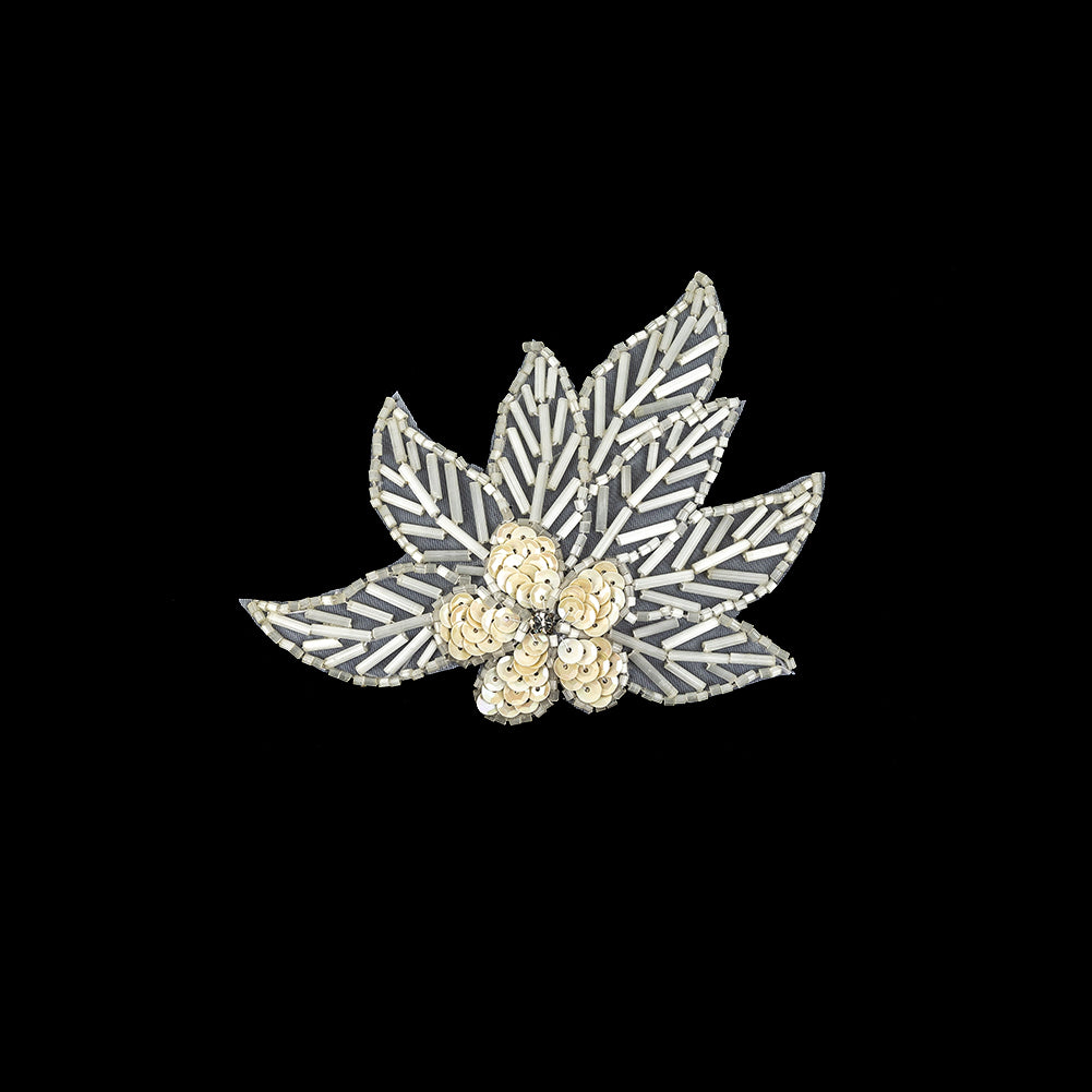 Vintage White Iris Sequins and Translucent White Bugle Beaded Floral Applique with Rhinestone Center - 4