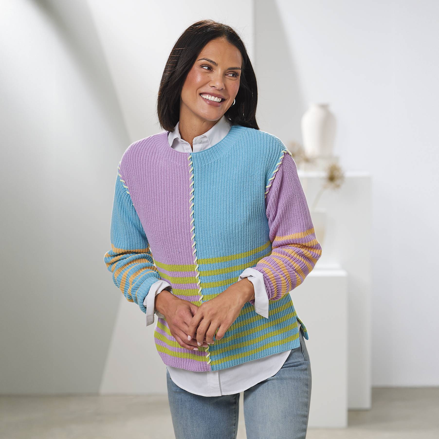 Blocked Stripe Boatneck Sweater, , Dropped Shoulders, Side Slits - Northstyle Catalog