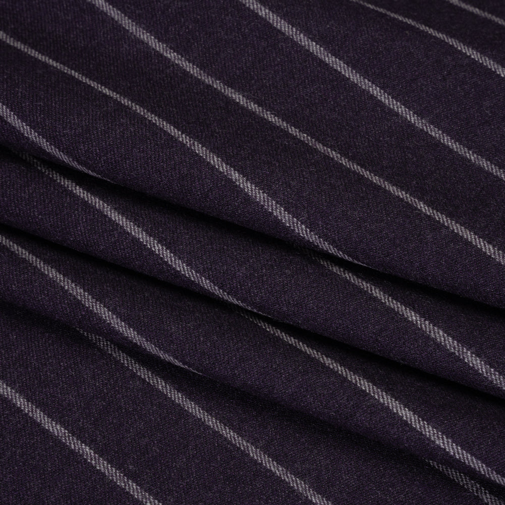 Stretch Virgin Wool Twill Suiting Made in Italy - Plum Purple and White Chalk Stripes - Joann Fabrics