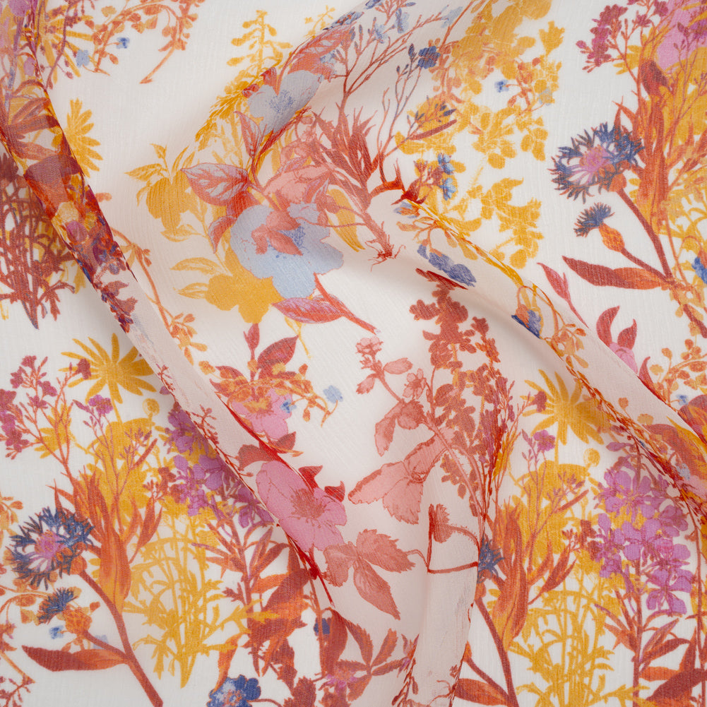Crinkled Silk Chiffon Print - Red, Yellow and Orchid Pink Wildflowers - Deadstock - Joann Fabrics