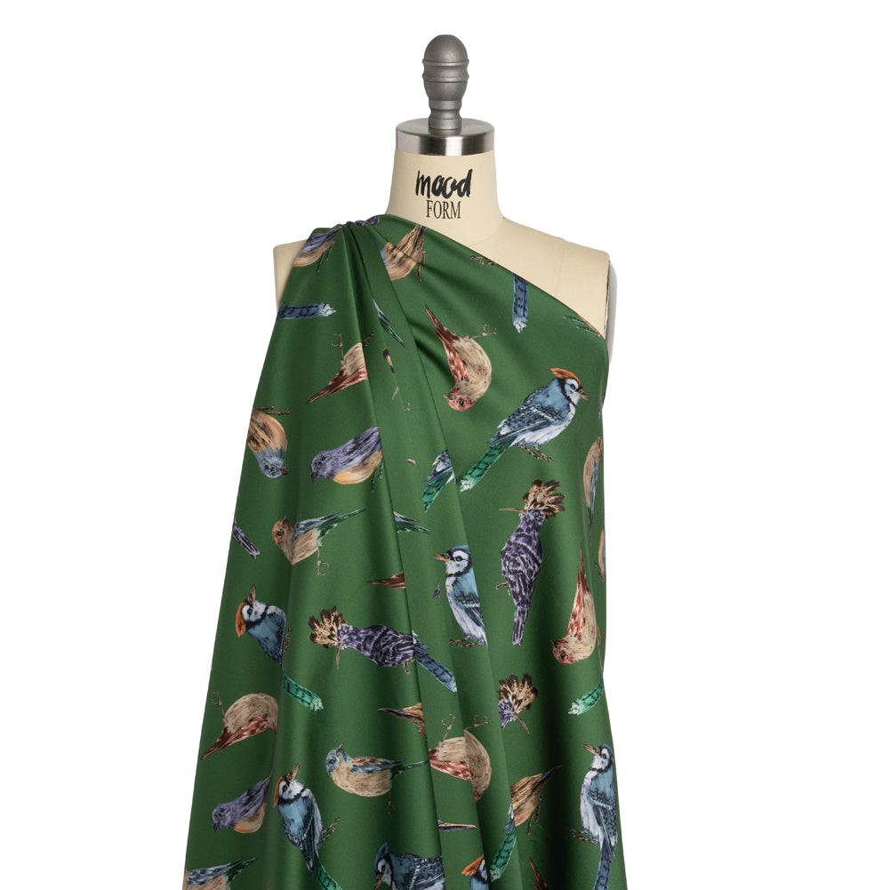 Stretch Cotton Sateen - Green, Blue and Beige Little Birds - Birdsong Saunter Print - Mood Exclusive Acadia Collection - Joann Fabrics