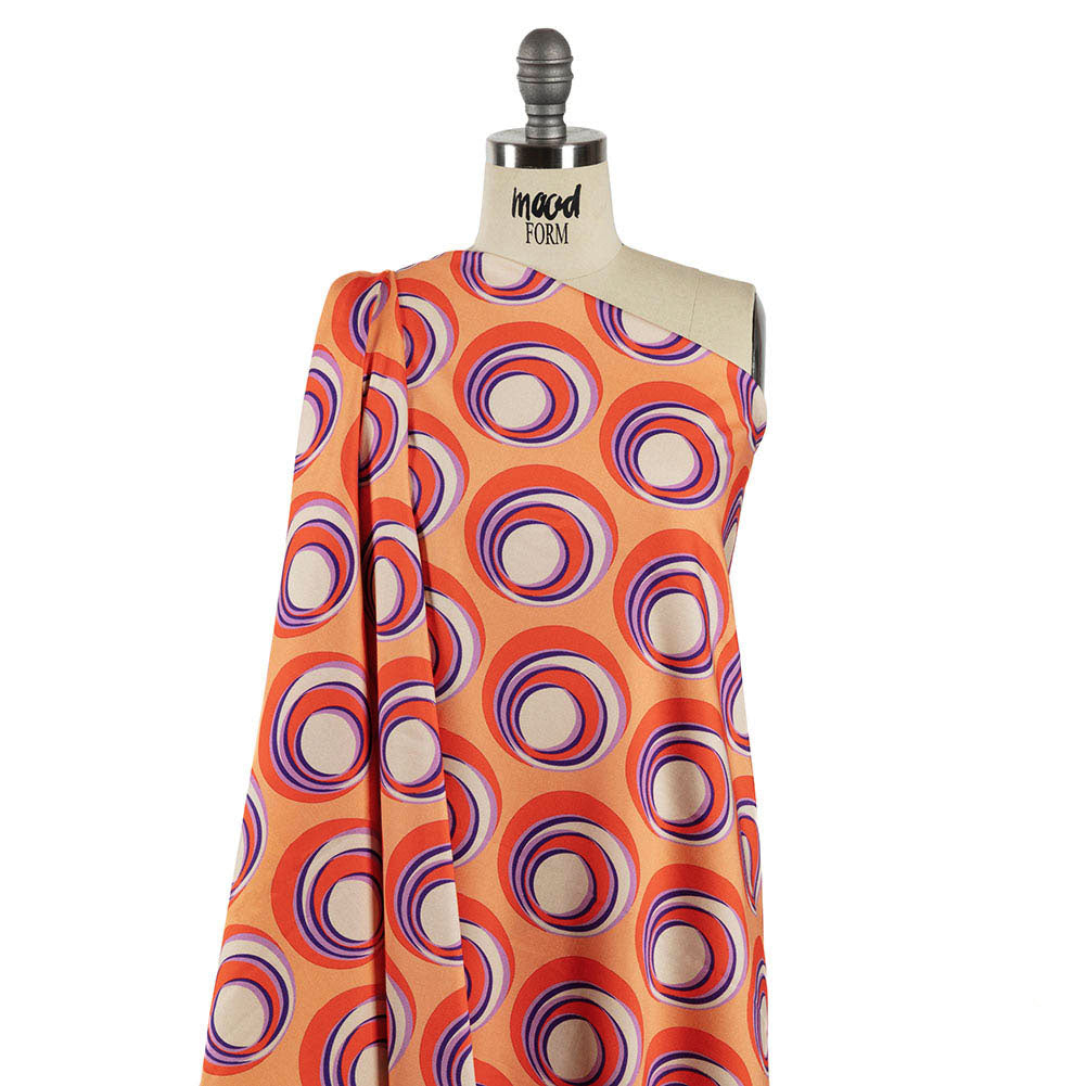 Stretch Cotton Sateen - Orange and Purple Circles - Stop The Beat Print - Mood Exclusive Yesterday Collection - Joann Fabrics