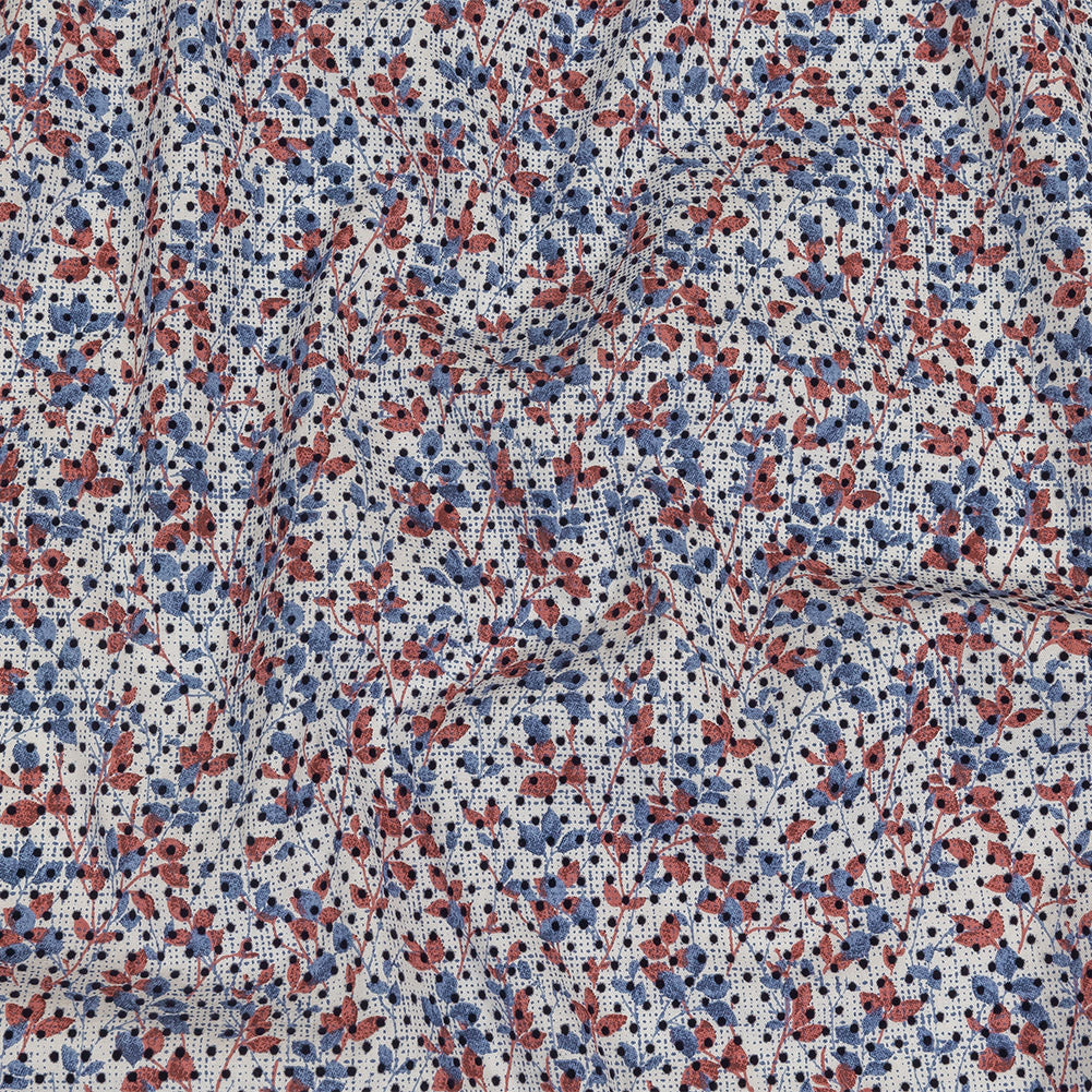 Black Flocked Polka Dots on Red, White and Blue Leaves and Dots Stretch Cotton Shirting - Joann Fabrics
