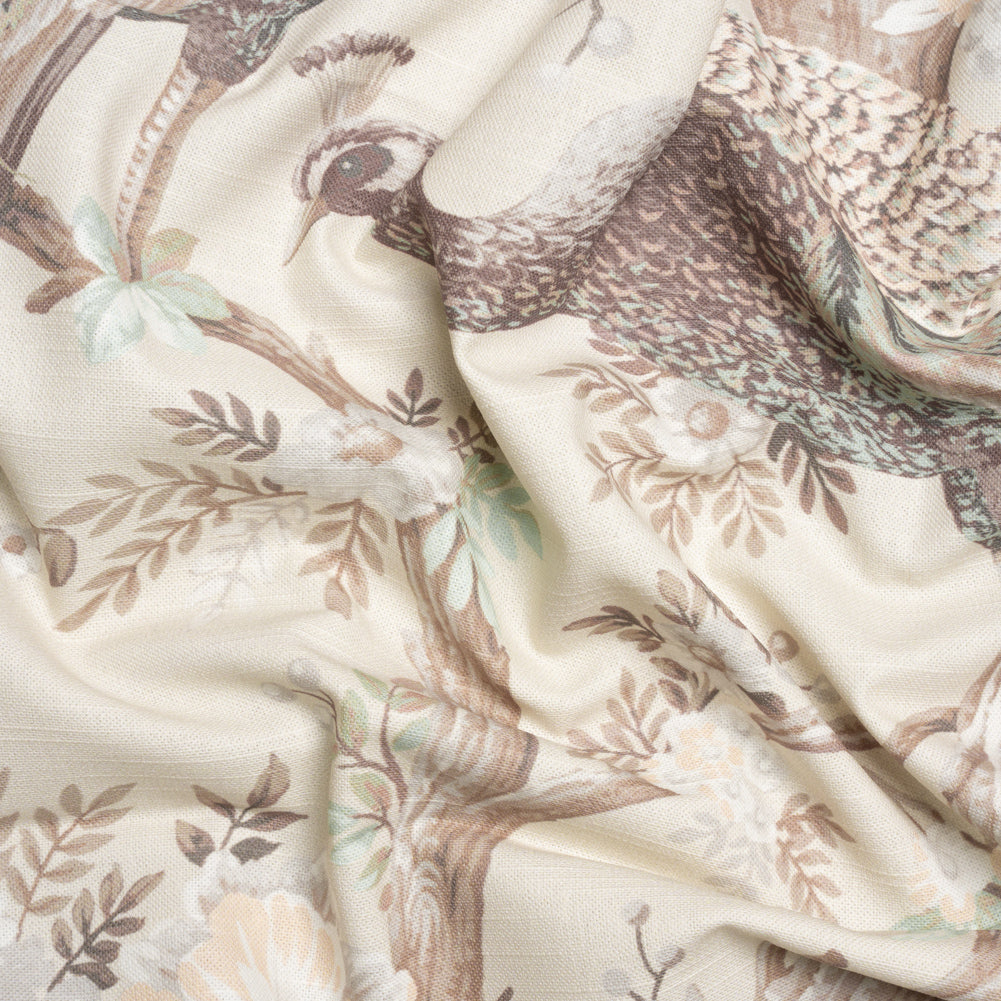 Cotton Canvas Print - Soft Truffle Peacocks in the Trees - British Imported - Joann Fabrics