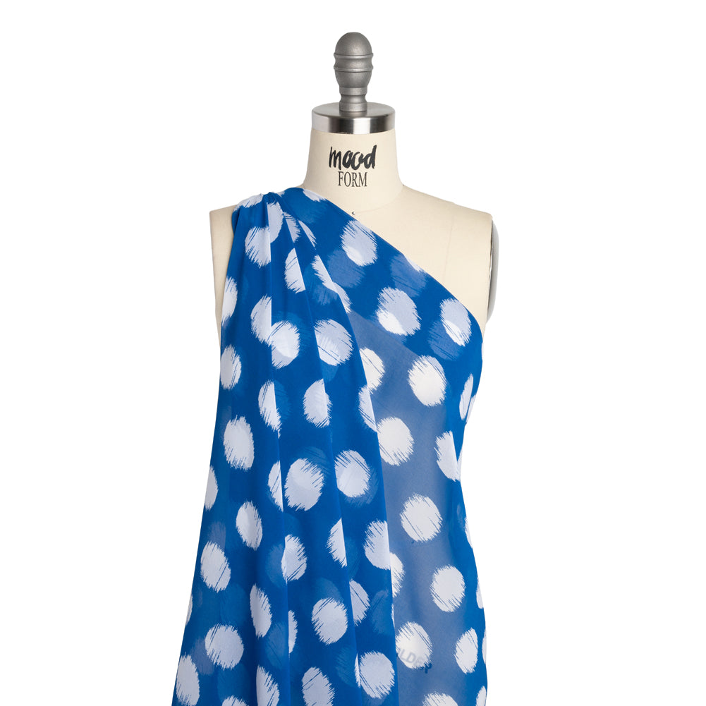 Polyester Chiffon - Bright Blue and White Brushed Polka Dots - Designer Deadstock - Joann Fabrics