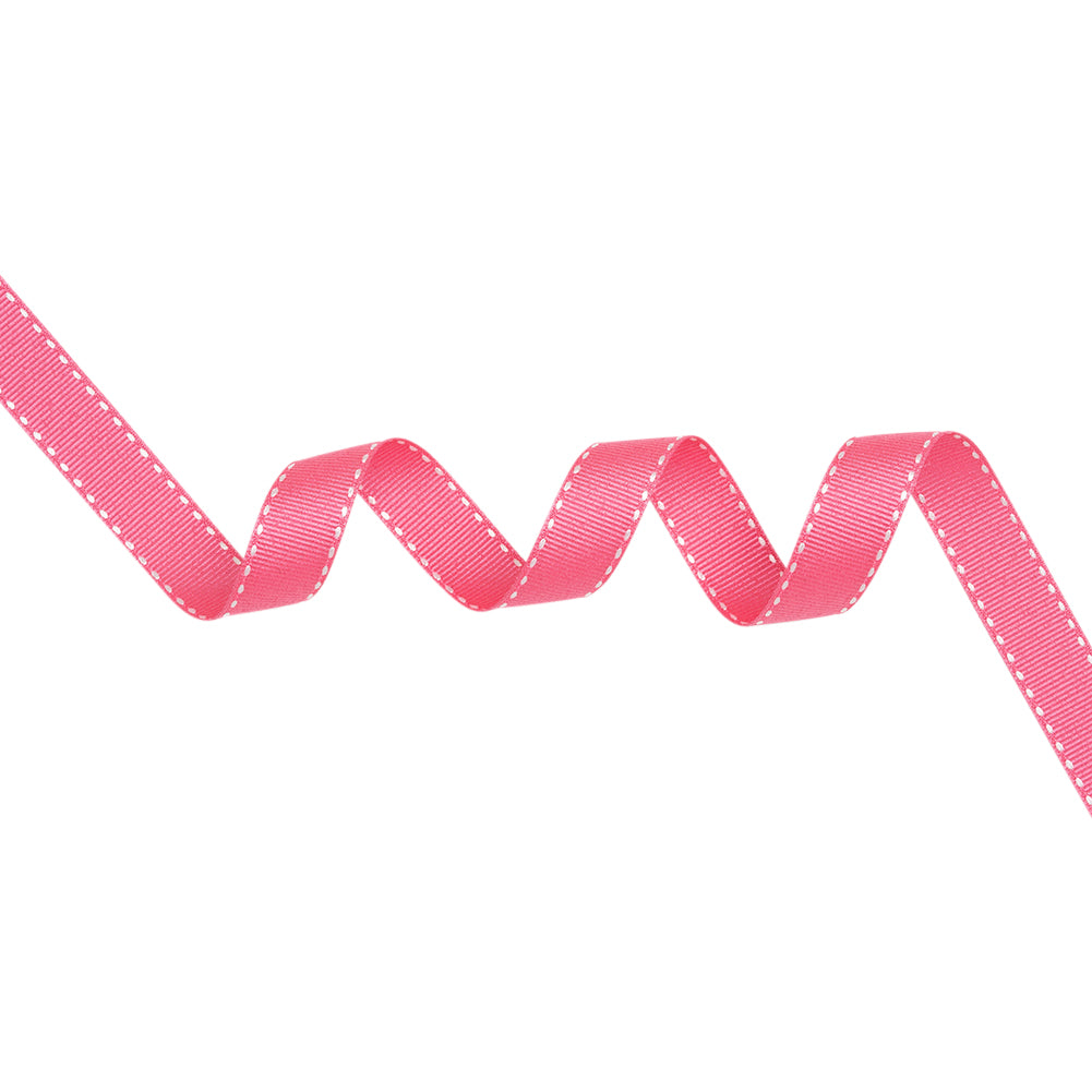 Grosgrain Ribbon with White Stitched Borders - Hot Pink - 0.625