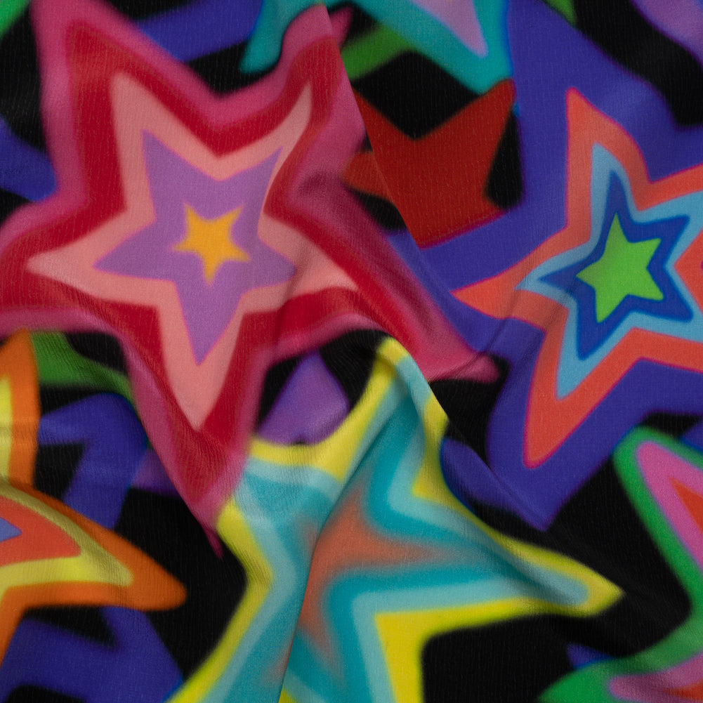 Crinkled Silk Crepe de Chine Print Made in Italy - Rainbow on Black Stars - Deadstock - Joann Fabrics