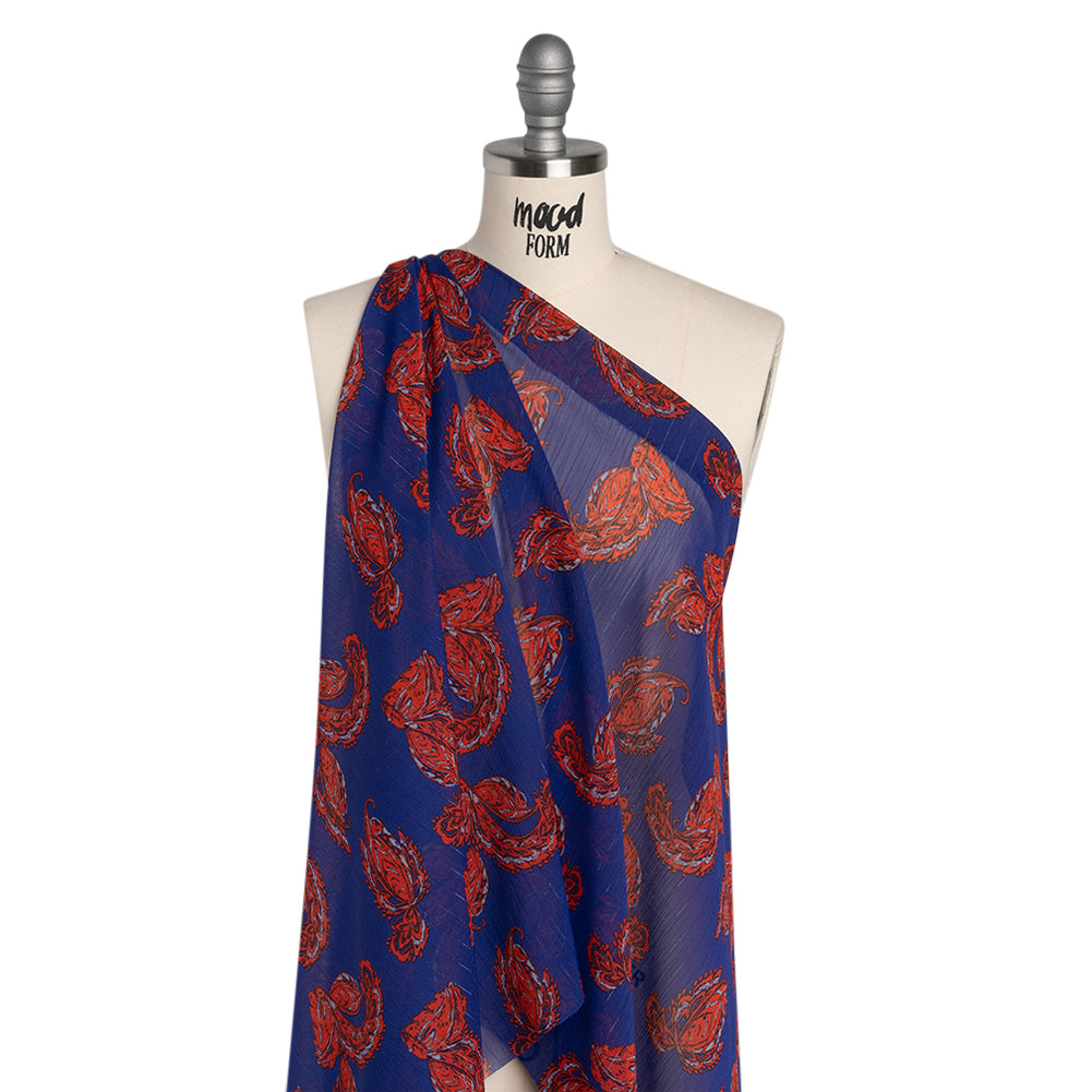 Crinkled Polyester Chiffon with Metallic Silver Pinstripes - Red and Blue Paisleys - Designer Deadstock - Joann Fabrics