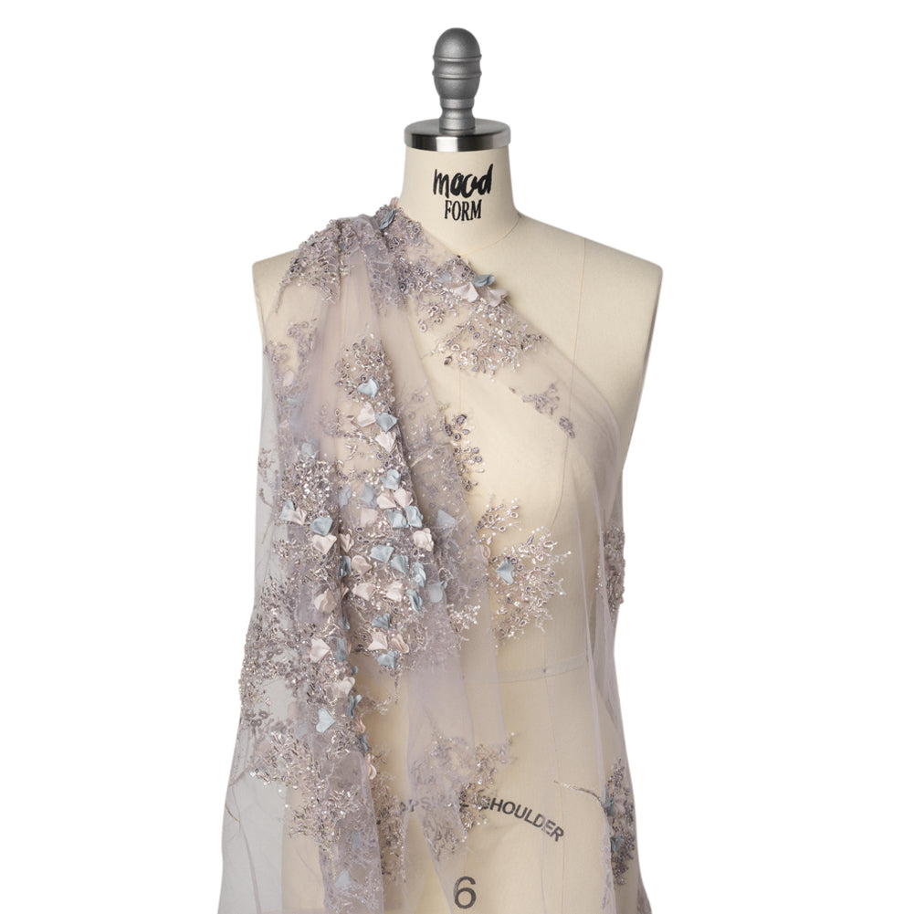 Embroidered and Beaded Tulle with 3D Satin Flowers - Lilac, Cream and Light Blue Floral Sprigs - Joann Fabrics