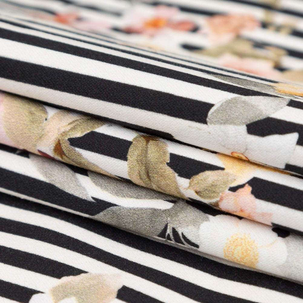 Stretch Cotton Sateen - Red and Black Floral and Stripes - Stream of Consciousness Print - Mood Exclusive Kenko Collection - Joann Fabrics