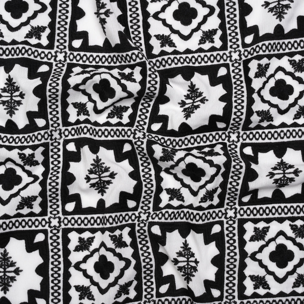 Embroidered Crinkled Rayon Gauze - Black and White Decorative Tiles - Designer Deadstock - Joann Fabrics