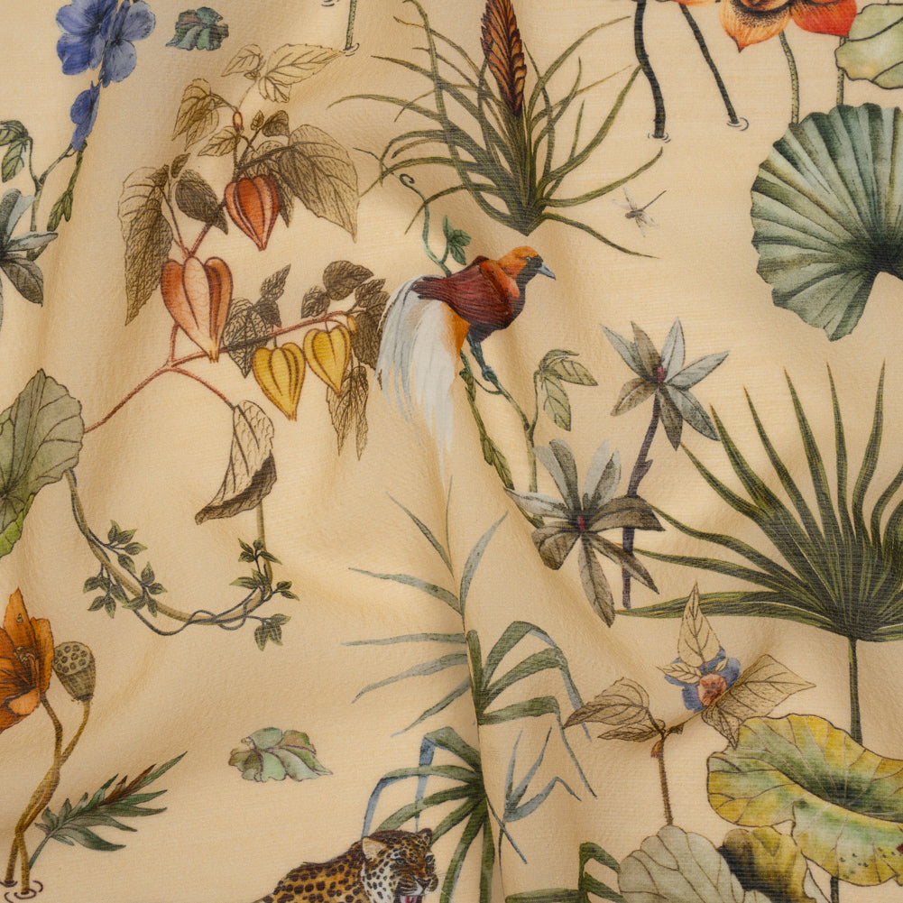 Slubbed Sheer Silk Woven Print Made in Italy - Beige, Green and Orange Tropical Flora and Fauna - Deadstock - Joann Fabrics