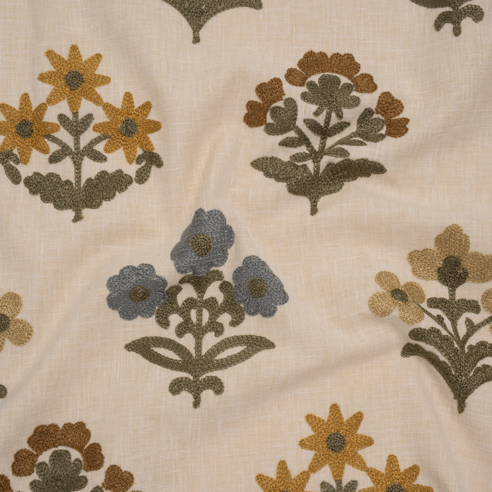 Polyester and Cotton Slubbed Drapery Woven with Viscose Embroidery - Maize Simple Flowers - British Imported - Joann Fabrics