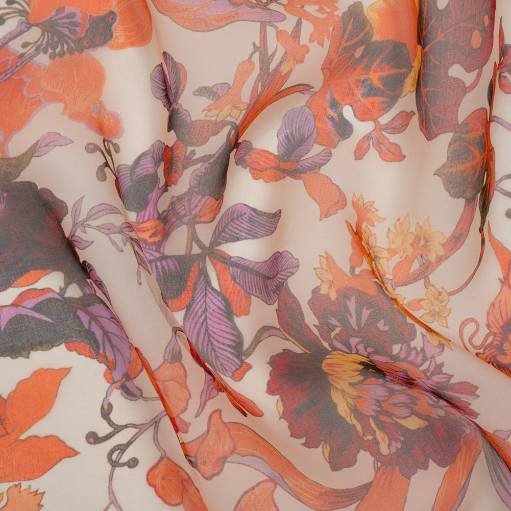Lightweight Silk Organza Print Made in Italy - Orange, Purple and Burgundy Lilies and Flowers - Joann Fabrics