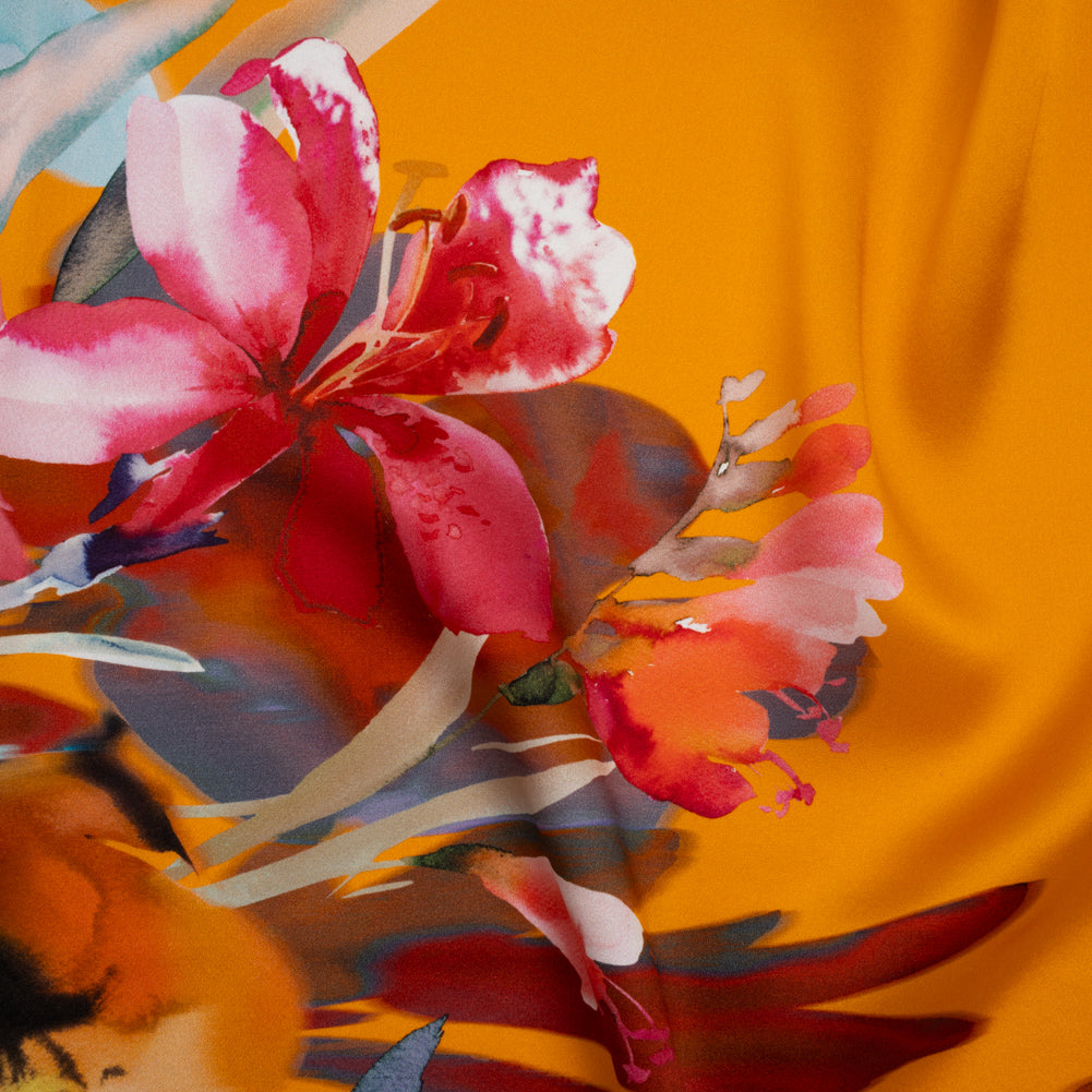 Silk Charmeuse Print 16MM, Made in Italy - Orange, Goldenrod and Multicolor Watercolor Floral Border - Joann Fabrics