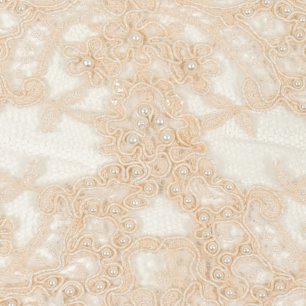 Pale Peach Beaded and Sequined Floral Corded Lace Trim with Eyelash Fringe - 8