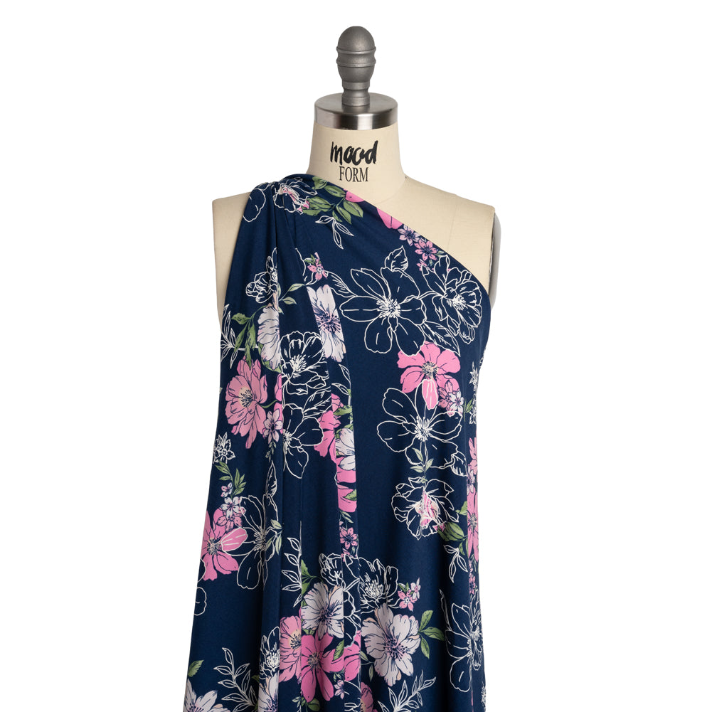 Stretch Polyester Tricot with Puff Print - Navy Blue, Pink and White Floral - Designer Deadstock - Joann Fabrics