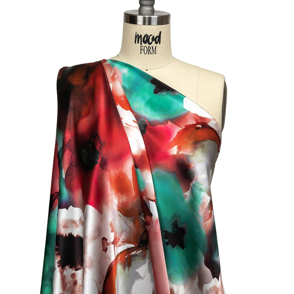 Mood Exclusive Italian Red, Turquoise and White Watercolor Floral Silk Charmeuse - Joann Fabrics