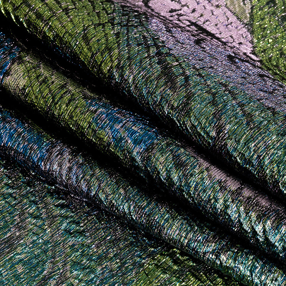 Metallic Diode Blue, Tortuga Bay and Dynasty Pink Peacock Feather Luxury Brocade - Joann Fabrics