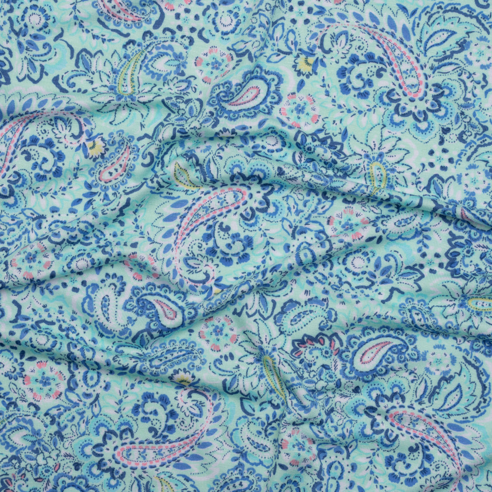 Stretch Rayon Jersey - Mint Green, Blue and Pink Paisley - Deadstock - Joann Fabrics