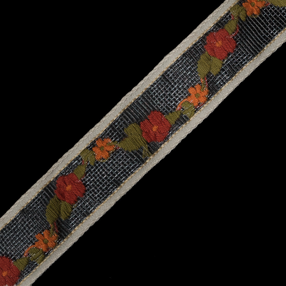 Red and Orange Flowers Embroidered on Clear Tulle Trim - 1