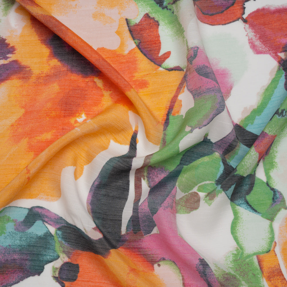 Textured Gauzy Rayon and Polyester Woven Print - Orange, Plum Purple and Grass Green Watercolor Florals - Designer Deadstock - Joann Fabrics